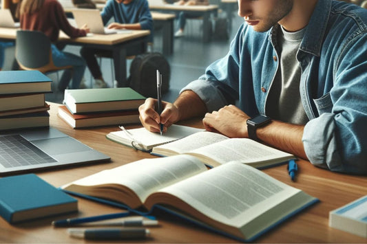Student care studiază la o bibliotecă