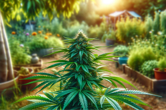 Planta de canabis într-o grădină