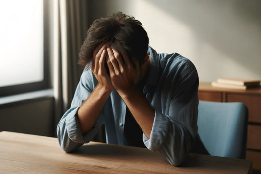 Bărbat trist așezat pe un birou