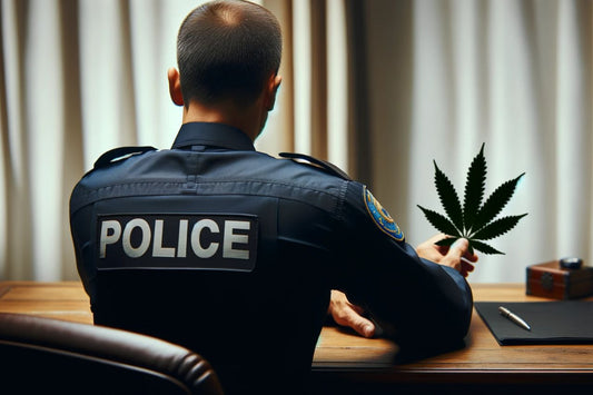 Ofițer de poliție care ține în mână o frunză de canabis