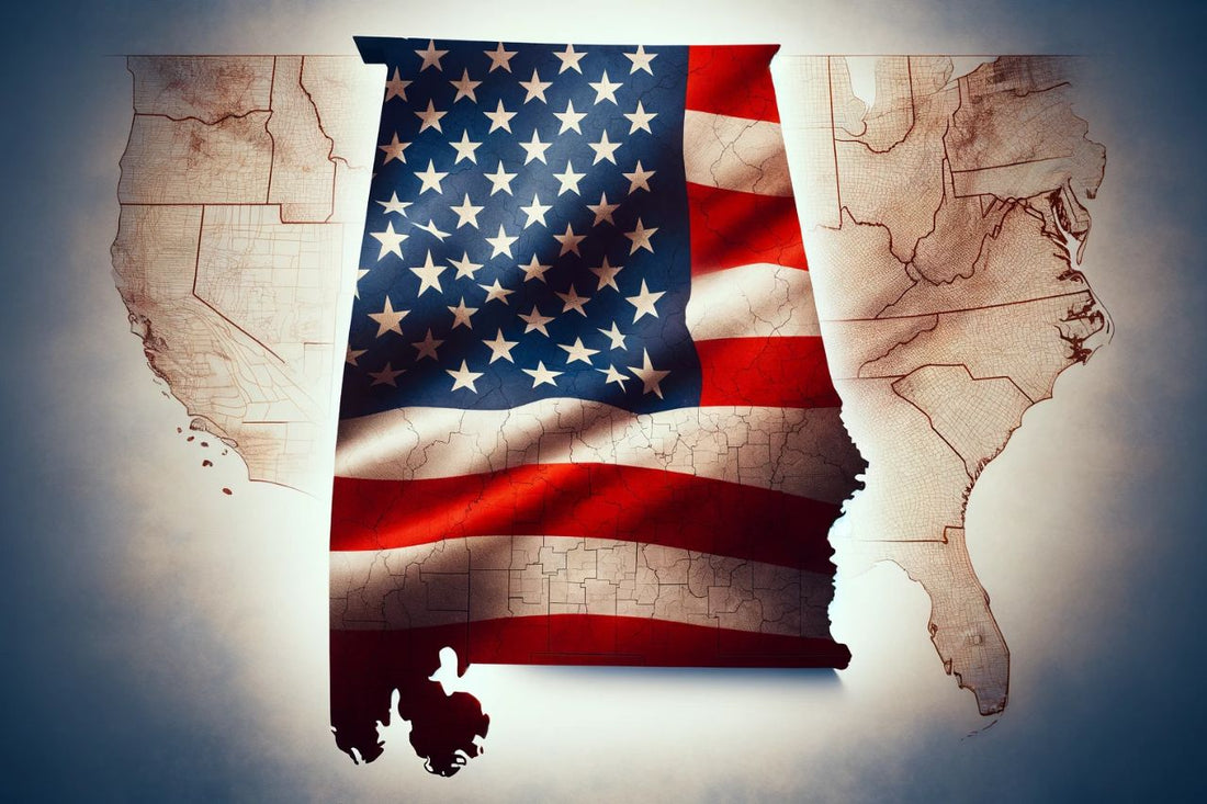 Harta statului Alabama și a steagului SUA