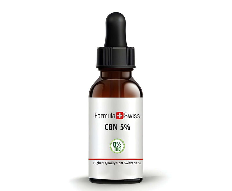 Ulei CBN Formula Swiss 5% cu 0% THC într-un flacon cu pipetă din sticlă brună