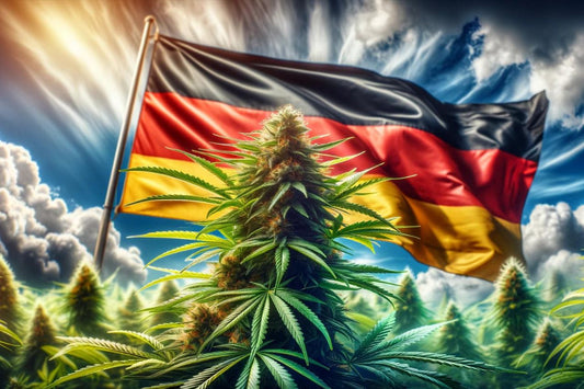 Plantă de canabis în fața unui steag german fluturând