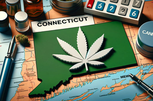 Semnul Cannabis și o hartă a statului Connecticut