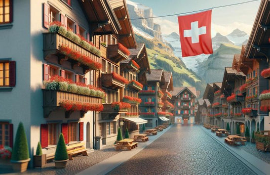 Fluturând steagul elvețian într-un orășel din Elveția