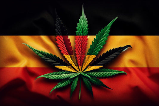 Frunză de canabis în fața steagului german