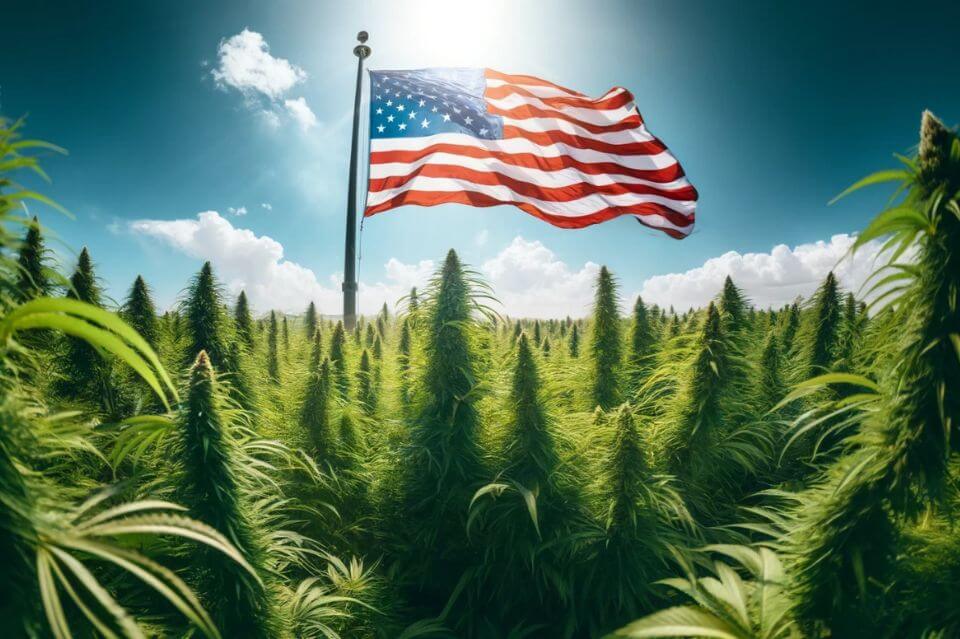 Fluturând steagul american pe un câmp de canabis