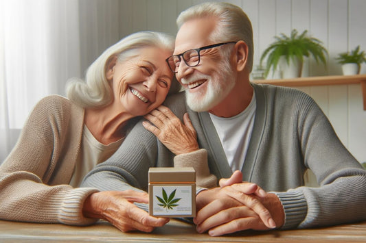 Cuplu de vârstnici care ține în mână o cutie de canabis