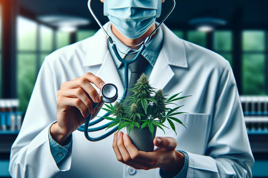 Un medic care ține în mână o plantă de canabis