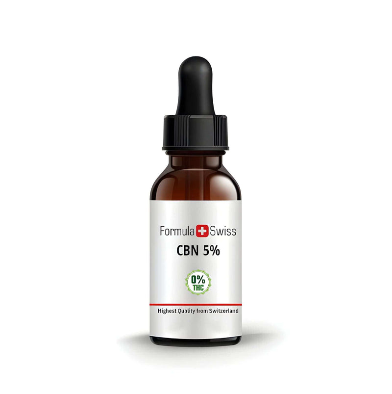 Flacon de ulei CBN 5 % Formula Swiss cu pipetă, pe fundal alb