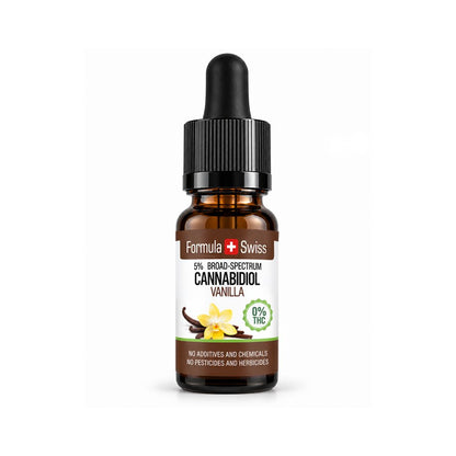 Flacon mic din sticlă chihlimbar cu pipetă, Formula Swiss, cu ulei CBD cu aromă de vanilie 5% cu spectru larg, capac negru și etichetă albă cu ilustrații de flori de vanilie, pe fundal alb.