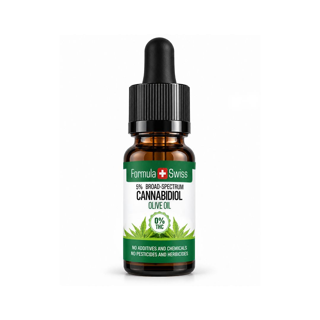 Flacon mic din sticlă chihlimbar cu pipetă, Formula Swiss, cu ulei de cannabidiol cu ulei de măsline și 0% THC, capac negru și etichetă albă, pe fundal gri deschis.