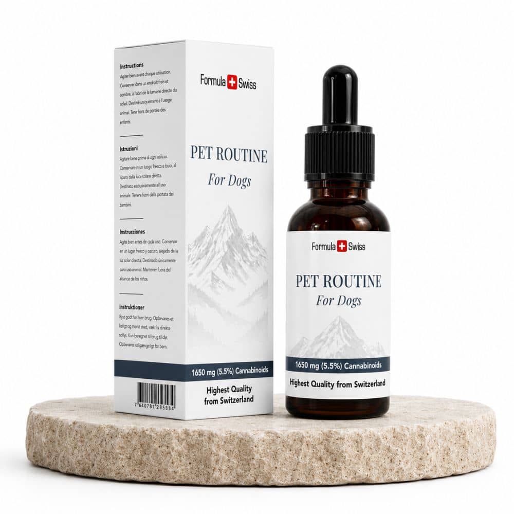 Formula Swiss Pet Routine pentru câini – ulei CBD 5 %: flacon și cutie