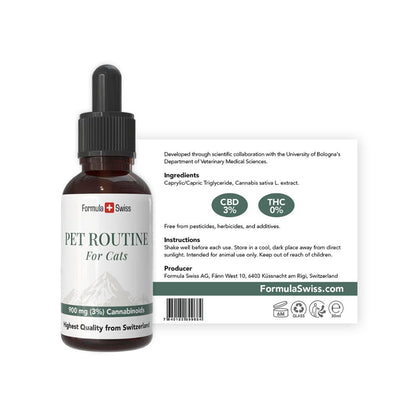 Flacon de ulei CBD pentru pisici Formula Swiss, cu pipetă, pe fundal alb