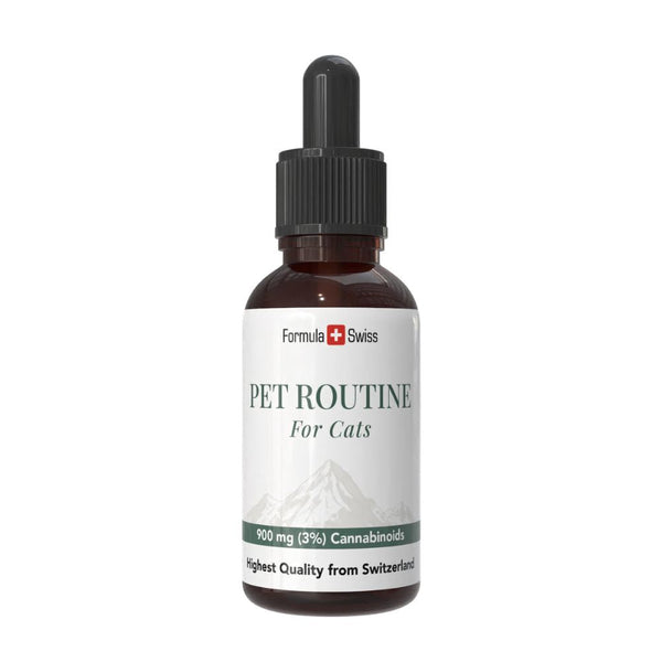 Flacon „Pet Routine pentru pisici” cu marca Formula Swiss pe fundal alb