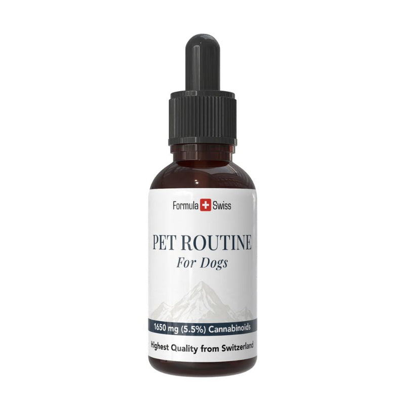 Flacon „Pet Routine pentru câini” cu etichetă albă pe fundal alb
