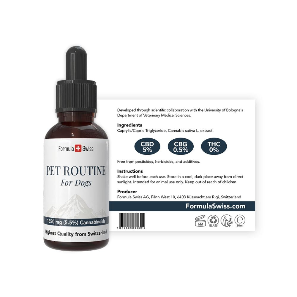 Formula Swiss Pet Routine pentru câini – ulei CBD 5 %: flacon cu etichetă