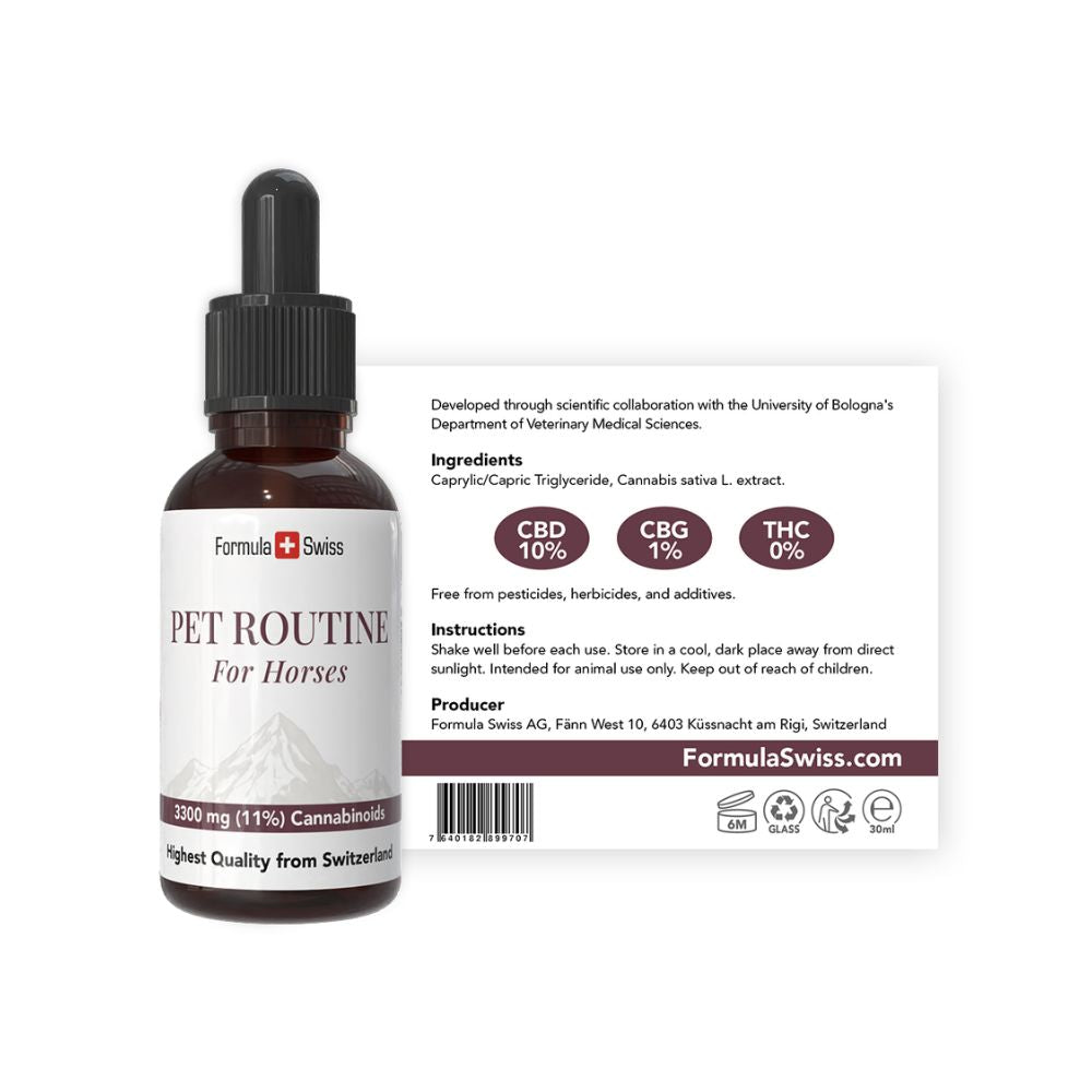 Formula Swiss Pet Routine pentru cai – ulei CBD 10 %: flacon cu etichetă