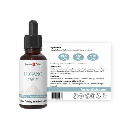 Flacon CBD cu pipetă și eticheta „Lugano Clarity” de la Formula Swiss, pe fundal alb.