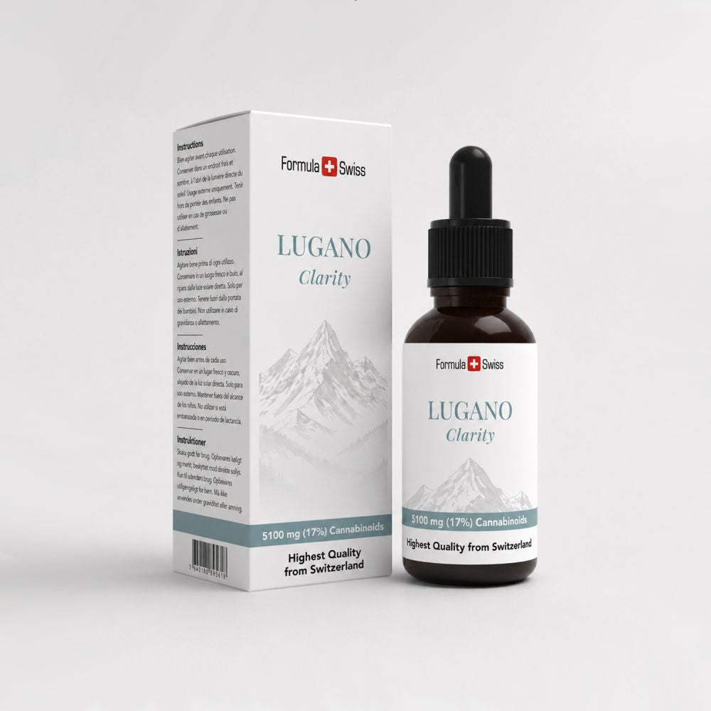 Flacon și ambalaj Formula Swiss Lugano Clarity pe fundal alb