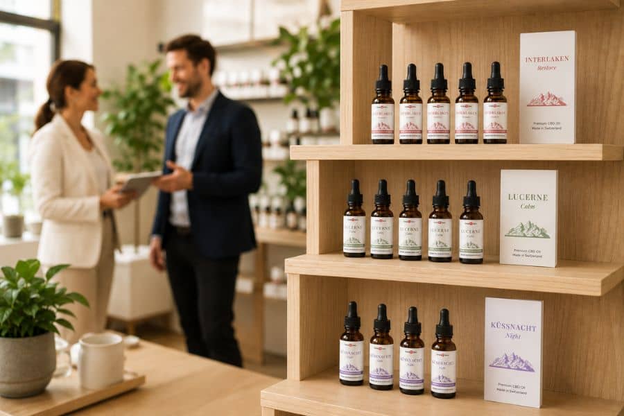 Produsele Formula Swiss cu uleiuri de canabinoizi, expuse într-un spațiu comercial, în timp ce doi profesioniști discută despre un parteneriat.