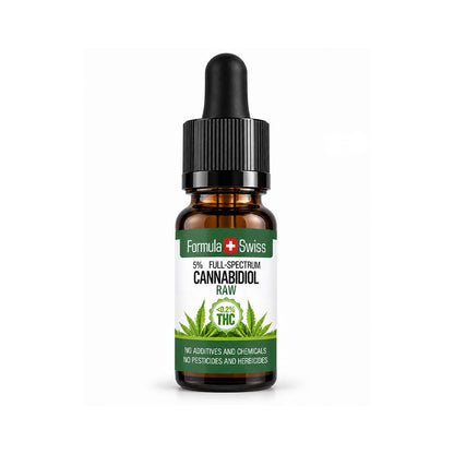 Flacon din sticlă chihlimbar de 10 ml cu pipetă, Formula Swiss, cu ulei CBD Raw 5% cu spectru complet, capac negru și etichetă albă cu accente verzi și frunză de cannabis.