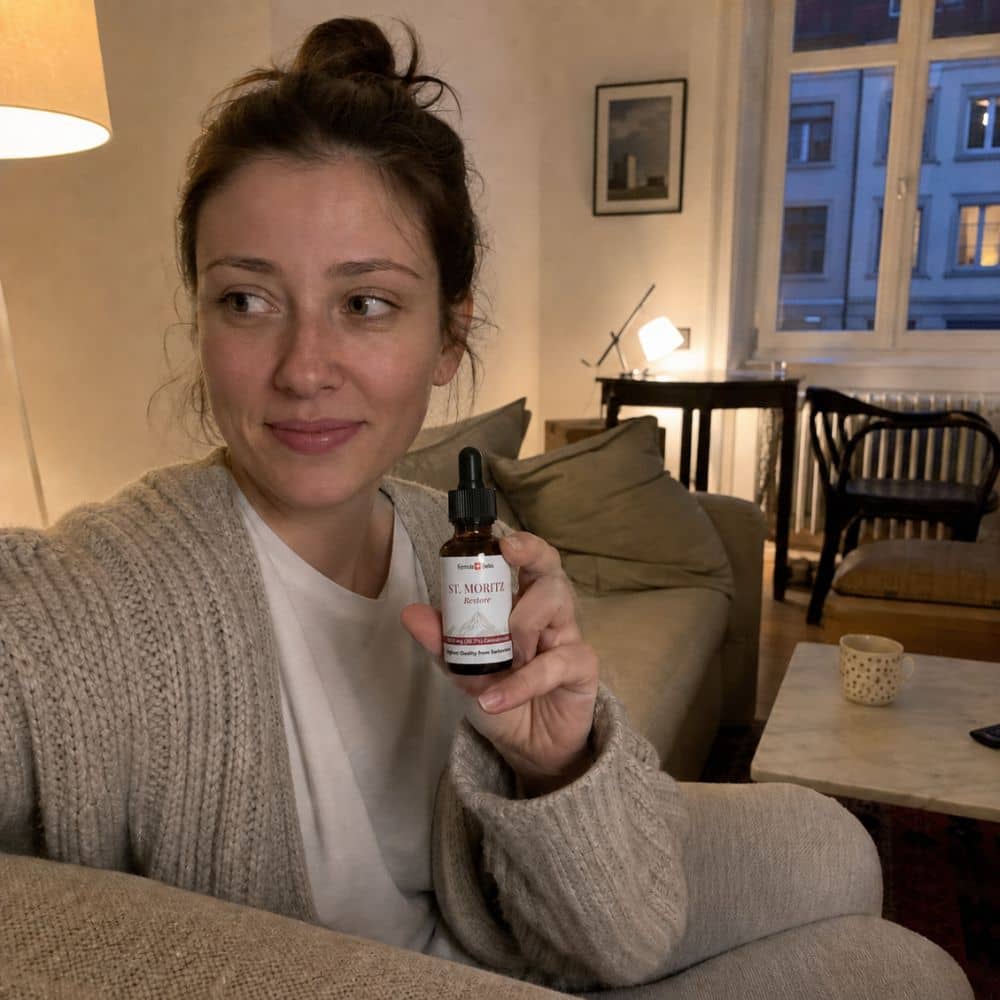 Femeie care ține un flacon de ulei CBD St. Moritz într-o sufragerie