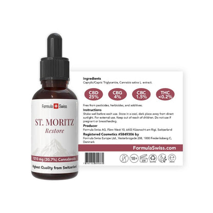 Formula Swiss St. Moritz Restore – ulei CBD 30,7 % spectru complet: flacon cu etichetă