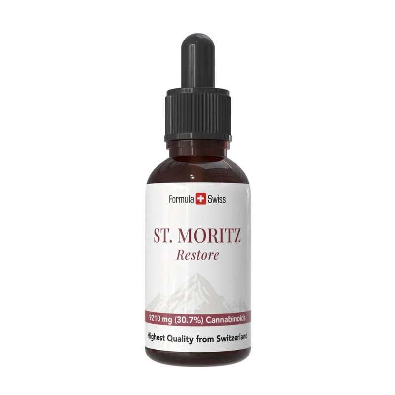 Flacon St. Moritz cu marca Formula Swiss pe fundal alb