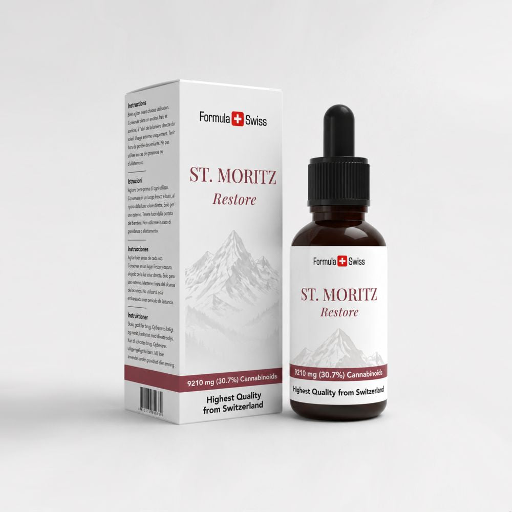 Formula Swiss St. Moritz Restore – ulei CBD 30,7 % spectru complet: flacon și cutie
