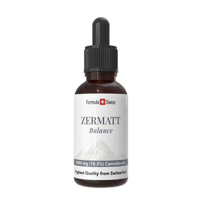 Flacon de ulei CBD Zermatt cu marca Formula Swiss pe fundal alb