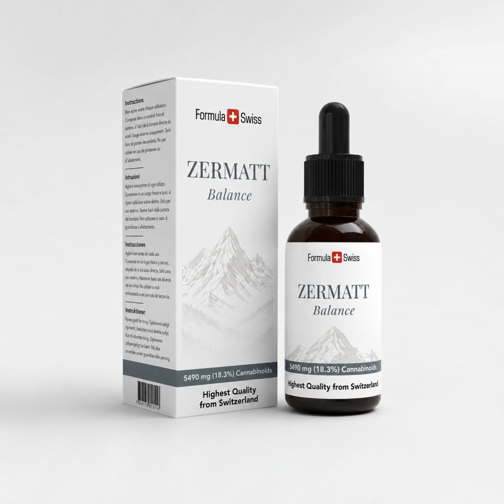 Ambalaj Zermatt Balance, produs din canabis, cu flacon și cutie pe fundal gri deschis
